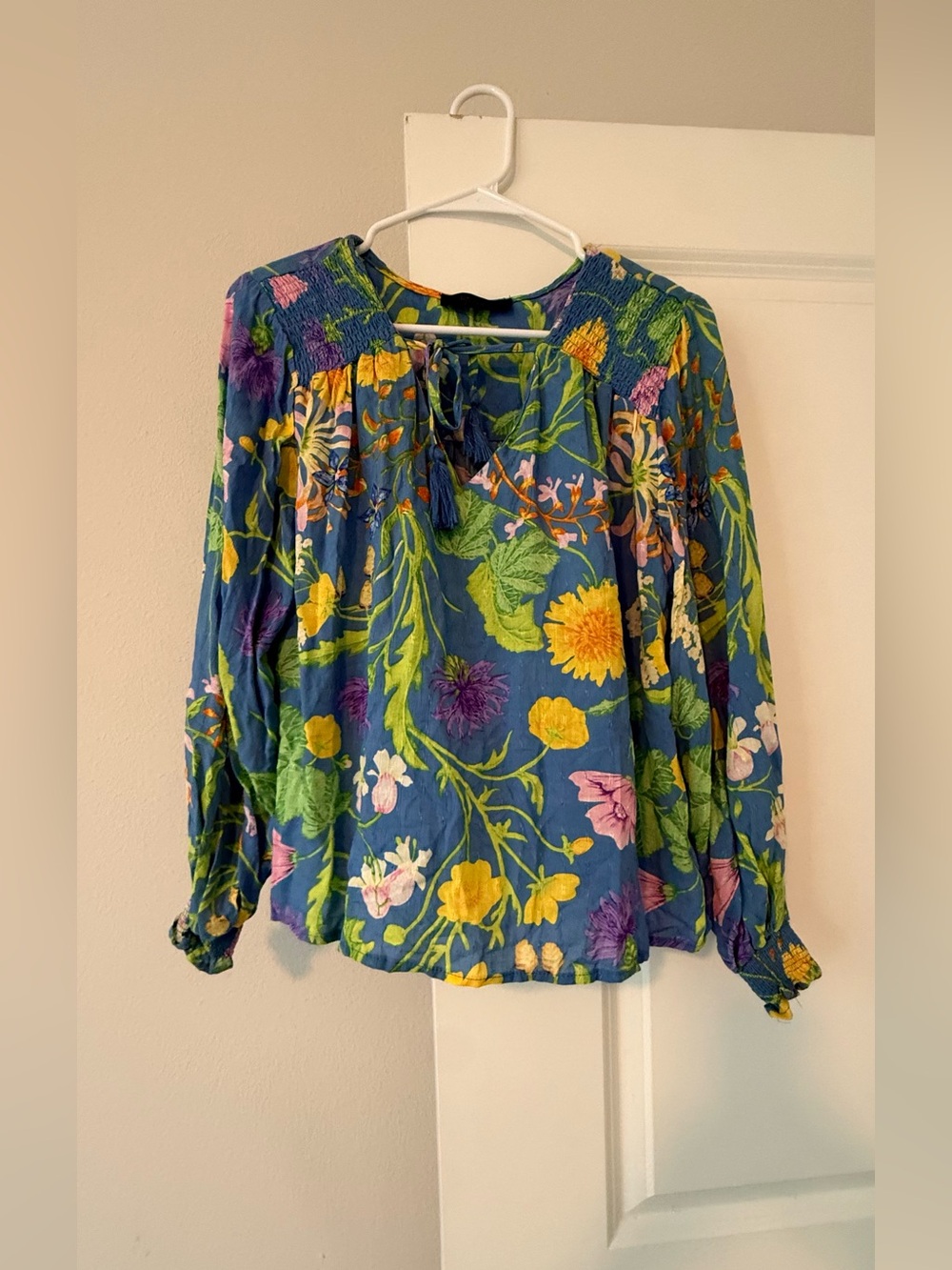 RACHEL Rachel Roy Blue Floral Peasant Blouse with Tie Neck - Picture 3 of 7